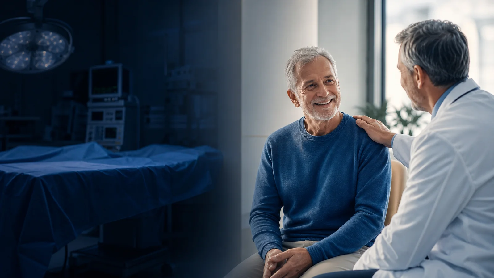 Two care paths compared: a surgical operating room and a calm consultation with a physician in Tampa