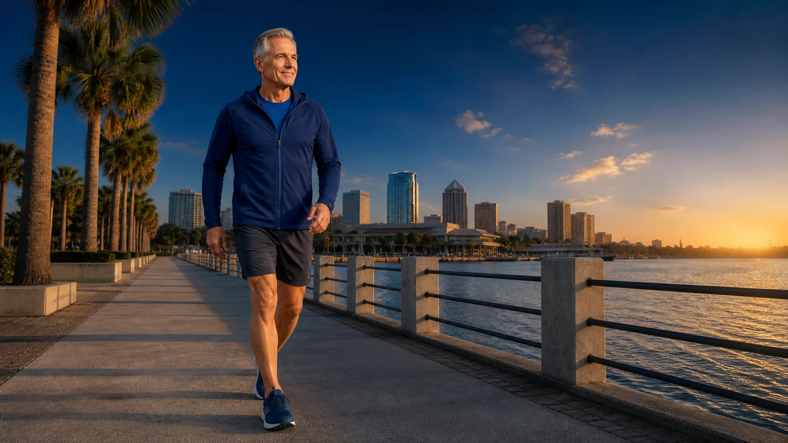 Active man in his 60s walking pain free along the Tampa waterfront at sunrise