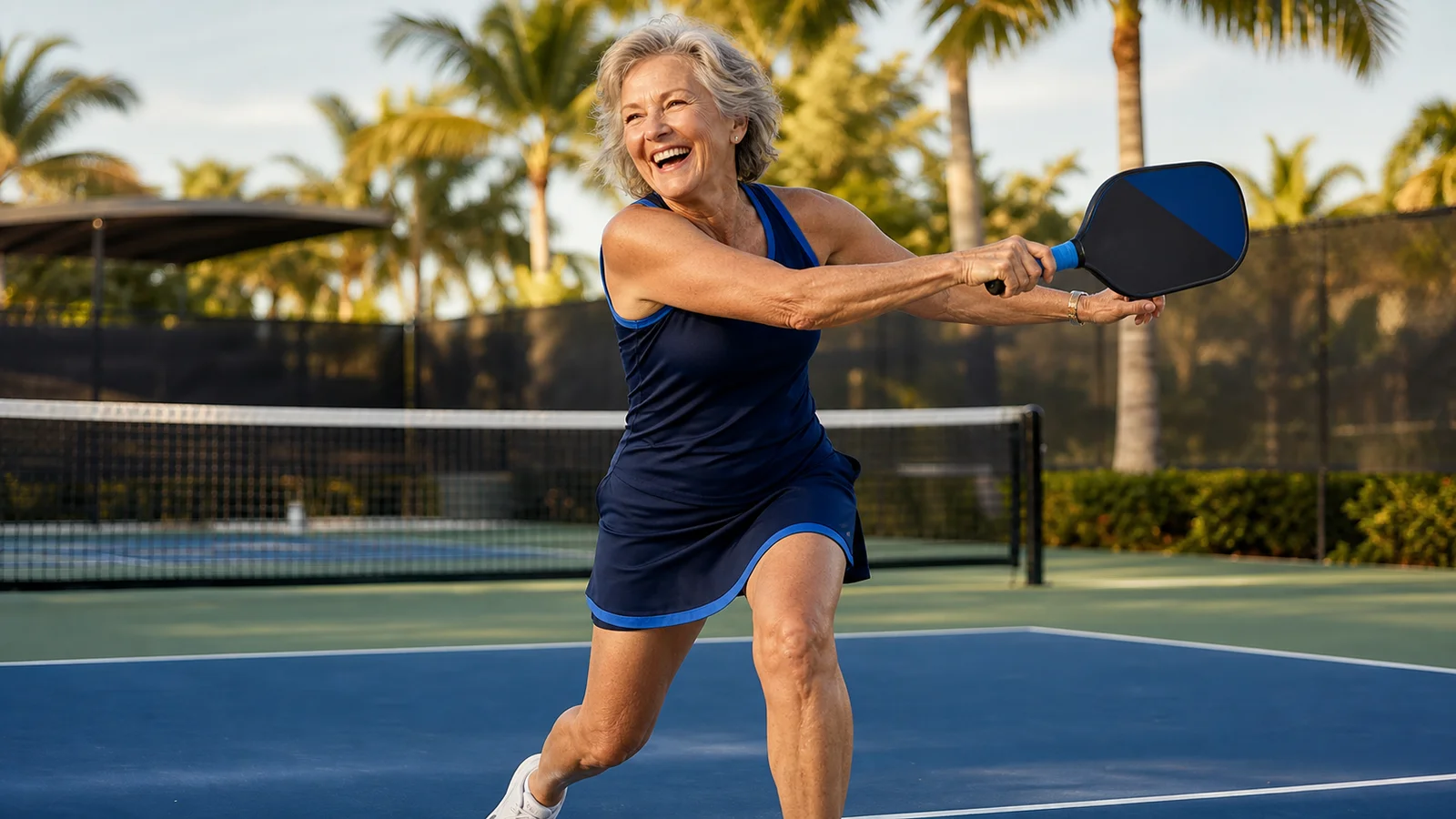 Energetic woman in her 60s playing pickleball outdoors in Florida