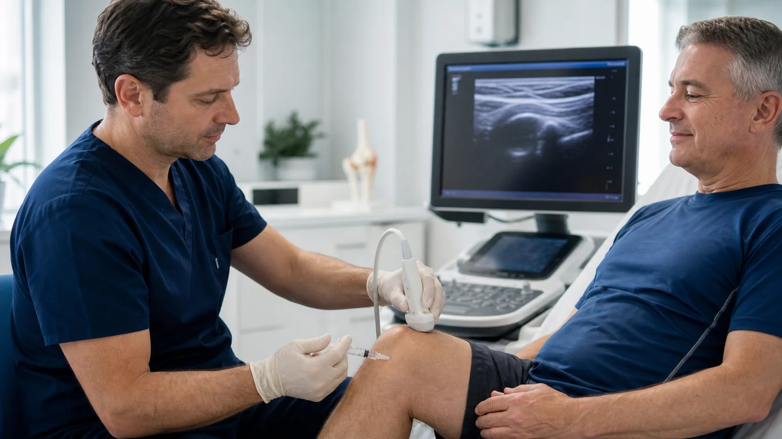 Physician performing an ultrasound-guided stem cell injection into a patient's knee in a Tampa clinic