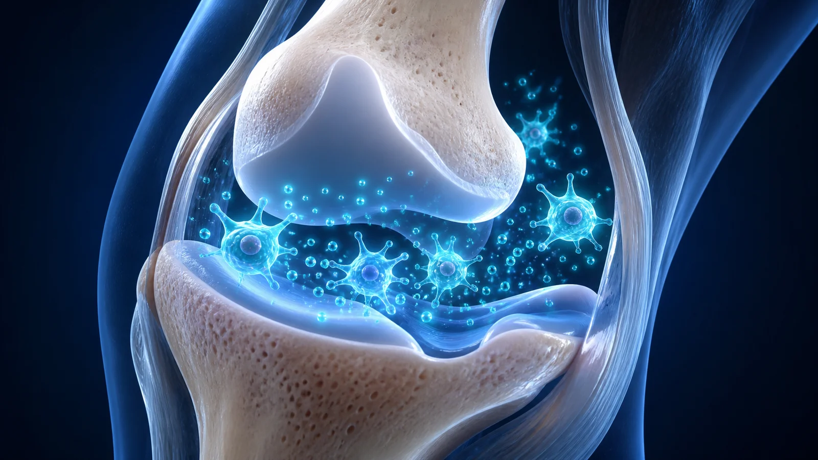 Illustration of mesenchymal stem cells releasing growth factor signals inside a knee joint
