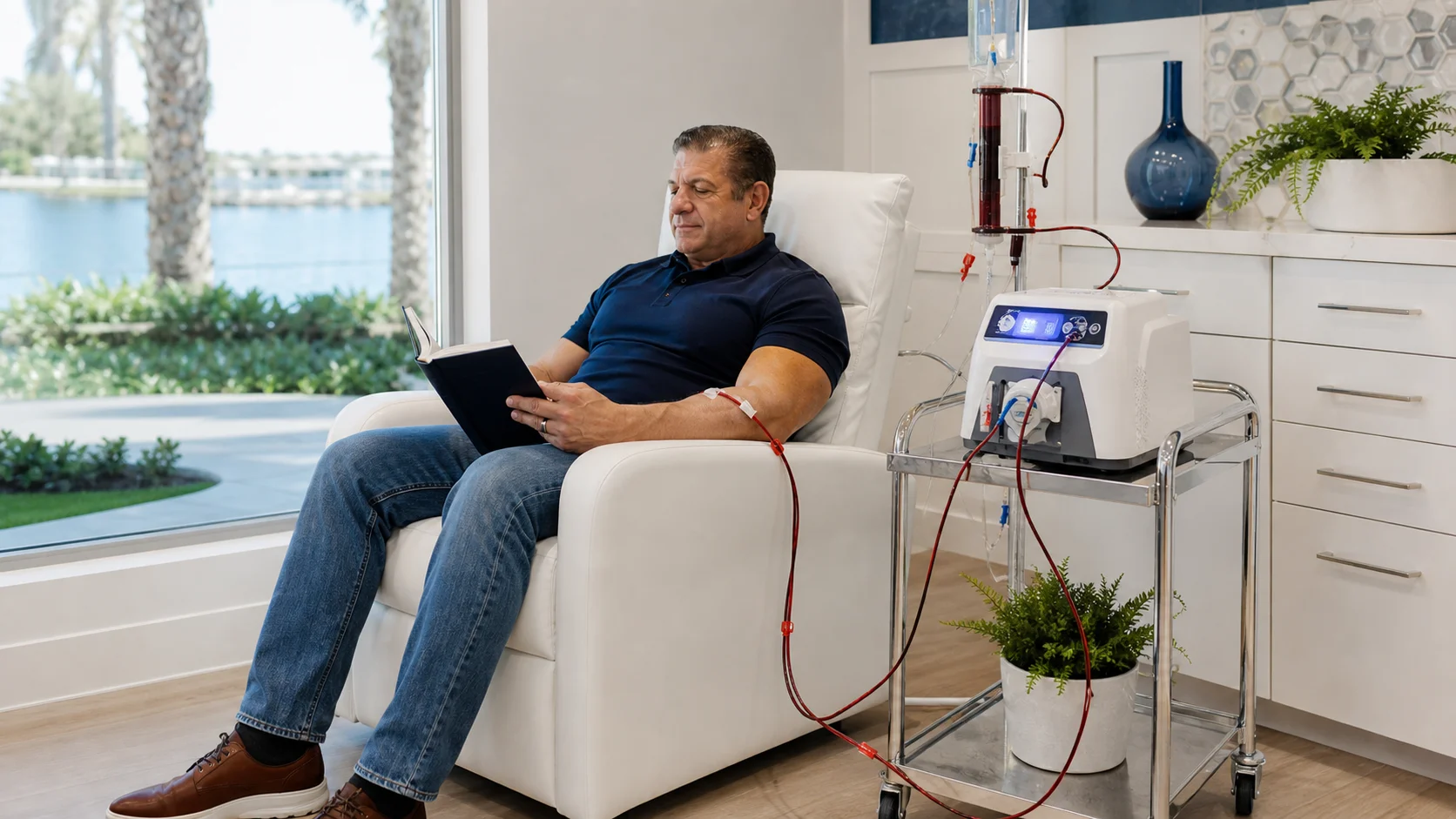 Patient receiving EBOO blood-oxygenation therapy in a treatment chair at AgeRejuvenation in Brandon, FL